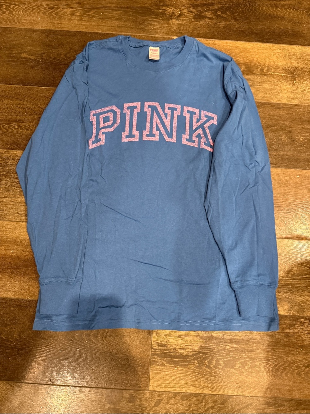 PINK Victoria's Secret Long-Sleeve Crewneck Tee in Blue with Pink Logo